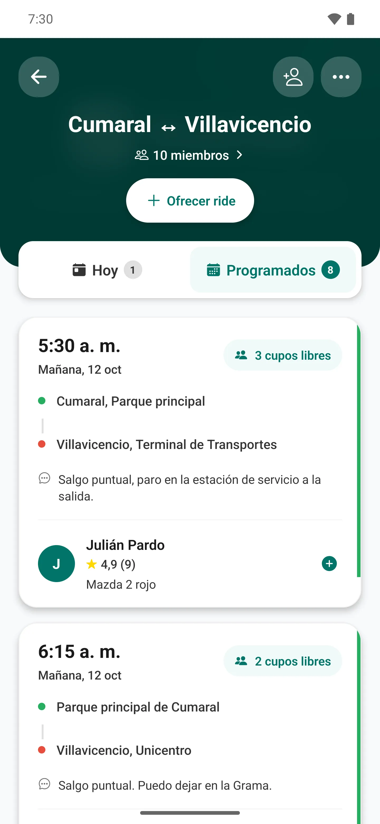 Los rides programados de la ruta Cumaral ↔ Villavicencio, con la hora, los cupos libres y el conductor