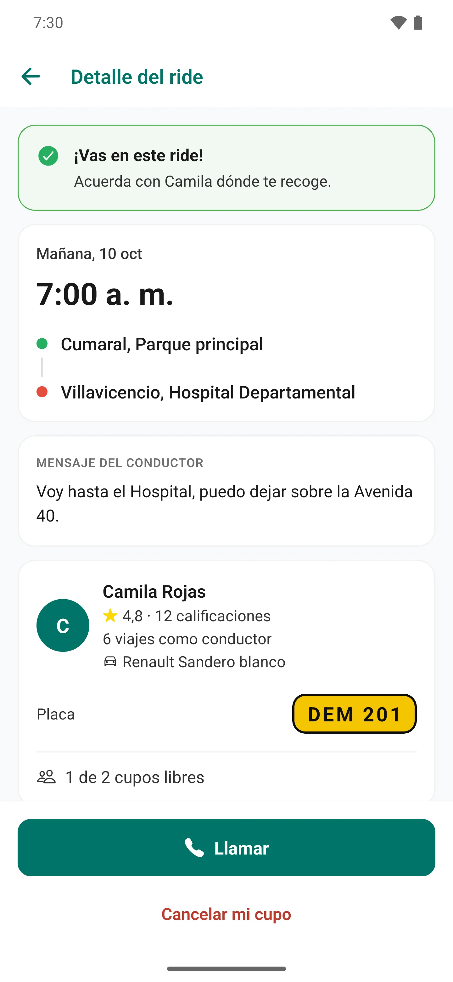 Detalle de un ride aceptado: ¡Vas en este ride!, la conductora con su calificación, la placa y el botón Llamar